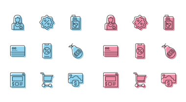 Set line Online ordering and delivery, Shopping cart, Seller, Credit card, Percent discount mobile, Healthy organic pear,  and Discount percent tag icon. Vector