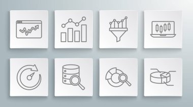 Set line Digital speed meter, Financial growth, Server, Search data analysis, Pie chart infographic, Sales funnel with, Stocks market graphs and Graph icon. Vector