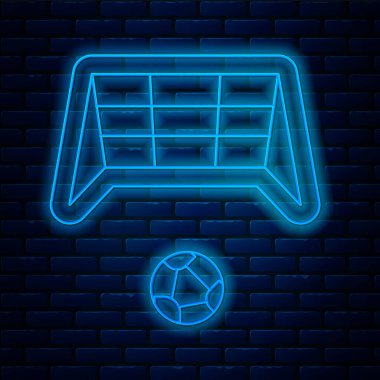 Glowing neon line Soccer goal with ball icon isolated on brick wall background.  Vector.