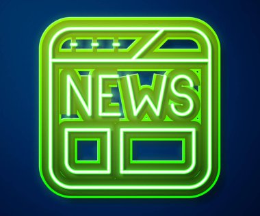 Parlayan neon hattı haber simgesi mavi arkaplanda izole edildi. Gazete tabelası. Kitle iletişim sembolü. Vektör