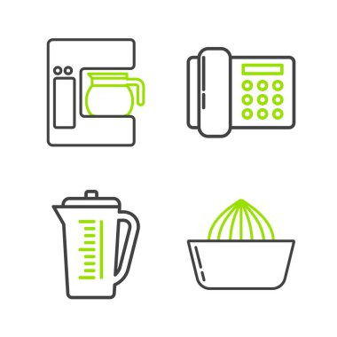 Set line Citrus fruit juicer, Measuring cup, Telephone and Coffee machine with glass pot icon. Vector