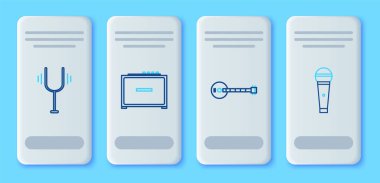 Set line Guitar amplifier, Banjo, Musical tuning fork and Microphone icon. Vector