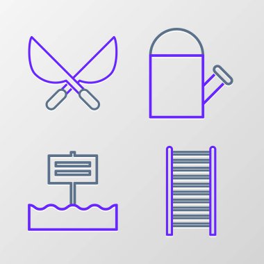 Set line Wooden staircase, Blank wooden sign board, Watering can and Gardening handmade scissors icon. Vector