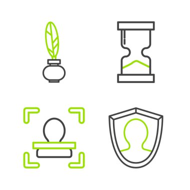 Set line User protection, Face recognition, Old hourglass and Feather and inkwell icon. Vector