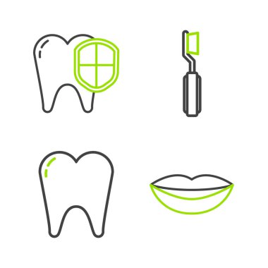 Set line Smiling lips Tooth Toothbrush and Dental protection icon. Vector.
