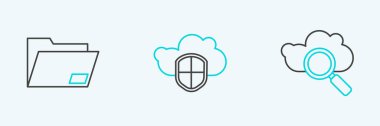 Set line Search cloud computing, Document folder and Cloud and shield icon. Vector