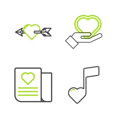 Set line Music note tone with hearts Envelope Valentine Heart hand and Amour arrow icon. Vector.