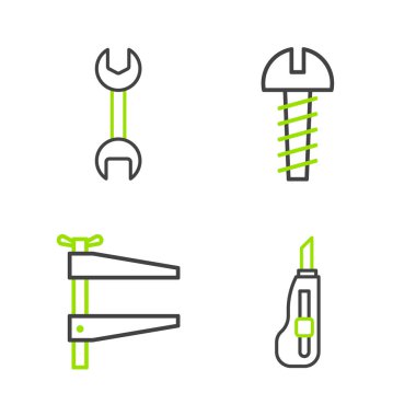 Set line Stationery knife, Clamp tool, Metallic screw and Wrench spanner icon. Vector