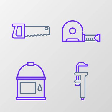 Set line Calliper or caliper and scale, Paint bucket, Roulette construction and Hand saw icon. Vector