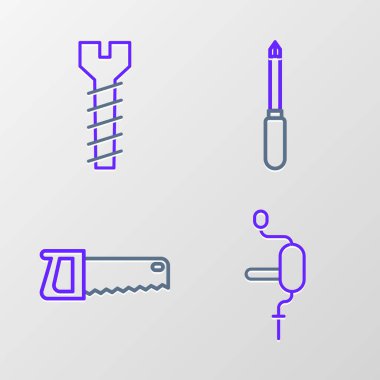 Set line Hand drill, saw, Screwdriver and Metallic screw icon. Vector
