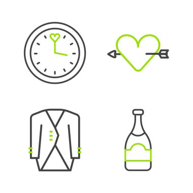 Set line Champagne bottle, Suit, Amour with heart and arrow and Clock icon. Vector