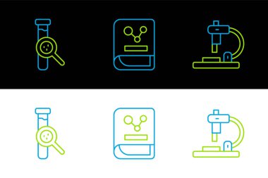 Set line Microscope, Test tube and flask and Chemistry book icon. Vector