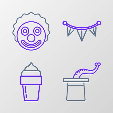 Set line Magician hat, Ice cream, Carnival garland with flags and Clown head icon. Vector