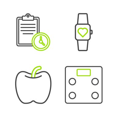 Set line Bathroom scales, Apple, Smart watch and Sport training program icon. Vector