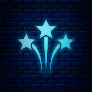 Parlayan neon havai fişek ikonu tuğla duvar arkasında izole edildi. Eğlence partisi anlayışı. Patlayıcı havai fişek sembolü. Vektör.