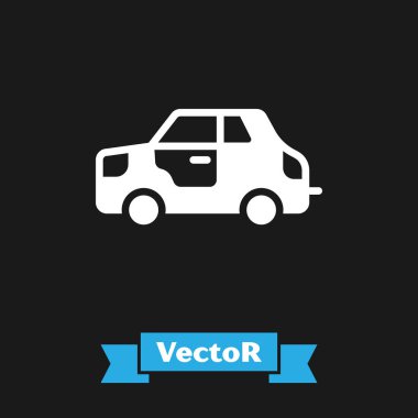 Beyaz araba simgesi siyah arkaplanda izole edildi. Vektör.