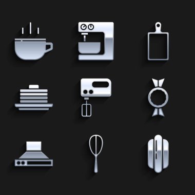 Set Electric mixer, Kitchen whisk, Hotdog sandwich, Candy, extractor fan, Stack of pancakes, Cutting board and Coffee cup icon. Vector