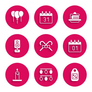 Set Christmas candy cane, lights, Price tag with Sale, Calendar, Burning candle, Stereo speaker, Cake and Balloons ribbon icon. Vector