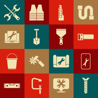 Set Metallic screw, Mobile service, Hand saw, Stationery knife, Shovel, Laptop, Screwdriver wrench and Putty icon. Vector