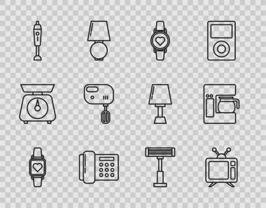 Set line Smart watch showing heart beat rate, Television, Telephone, Blender, Electric mixer, heater and Coffee machine with glass pot icon. Vector