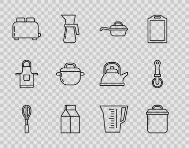 Set line Kitchen whisk, Cooking pot, Frying pan, Paper package for milk, Toaster with toasts, Measuring cup and Pizza knife icon. Vector