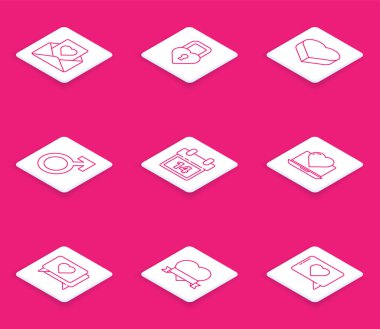 Set line Envelope with heart, Castle in the shape of, Candy shaped box, Male gender symbol, Calendar February 14, Laptop, Like and Heart ribbon icon. Vector
