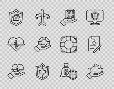 Set line Life insurance in hand, Piggy bank, House, with shield, Lifebuoy, Money and Document icon. Vector
