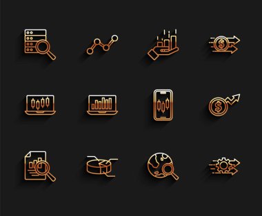 Set line Document with graph chart, Pie infographic, Server, Search globe, Time management, Laptop, Financial growth dollar and Mobile stock trading icon. Vector