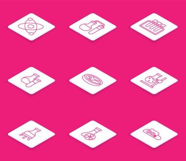 Set line Atom, Test tube, Petri dish with bacteria, flask on stand,  and toxic liquid icon. Vector