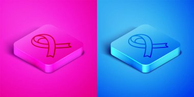 Isometric line Awareness ribbon icon isolated on pink and blue background. Public awareness to disability, medical conditions and health. Square button. Vector