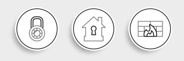 Set line Firewall security wall Safe combination lock wheel and House under protection icon. Vector.