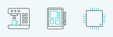 Set line Processor with microcircuits CPU Coffee machine and Graphic tablet icon. Vector.