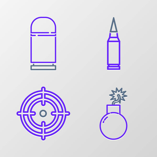 Set line Bomb ready to explode Target sport Bullet and Cartridges icon. Vector.
