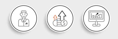 Set line Computer with growth graph Trader and Financial and coin icon. Vector.