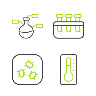 Set line Medical thermometer Bacteria Test tube and flask and icon. Vector.