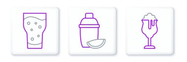 Set line Glass of beer and Cocktail shaker with lime icon. Vector.