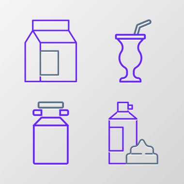 Set line Whipped cream in bottle Can container for milk Milkshake and Paper package icon. Vector.
