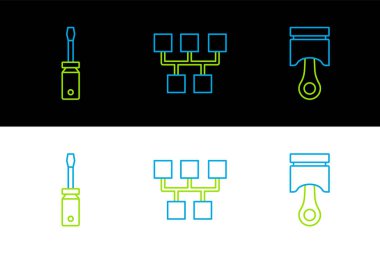 Set line Engine piston Screwdriver and Gear shifter icon. Vector.