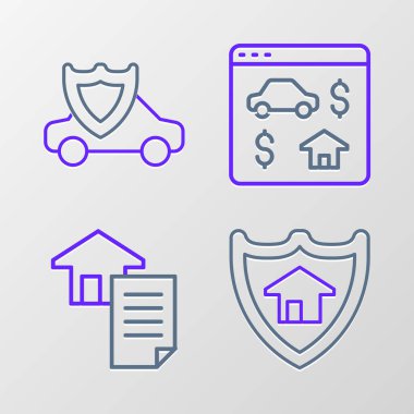 Set line House with shield contract Online real estate and Car icon. Vector.