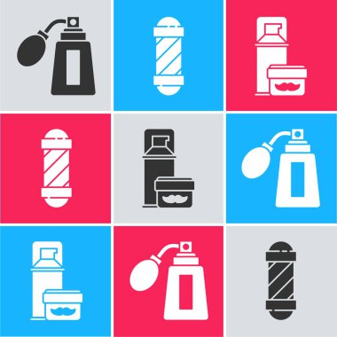 Set Aftershave bottle with atomizer, Classic Barber shop pole and Shaving gel foam icon. Vector.