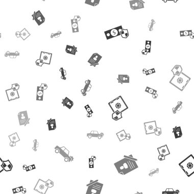 Set Money with shield, Document, Safe and Car on seamless pattern. Vector.