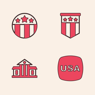 Set USA Independence day, Medal with star, American flag and White House icon. Vector.