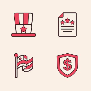 Set Shield with dollar, Patriotic American top hat, Declaration of independence and flag icon. Vector.