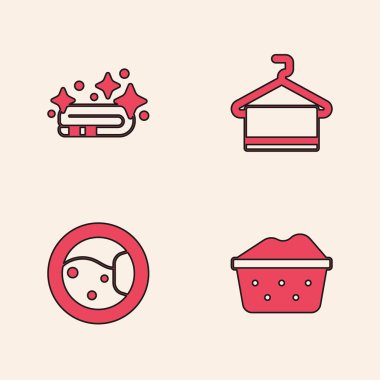 Set Basin with soap suds, Towel stack, on hanger and Washer icon. Vector.