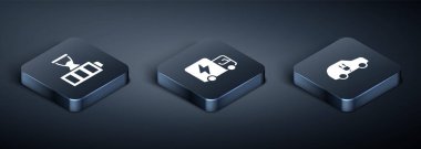 Set Isometric Battery charge Electric car and truck icon. Vector.