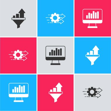 Set Sales funnel with chart Time management and Monitor graph icon. Vector.