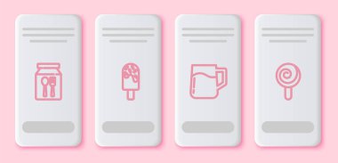 Set line Online ordering and delivery, Ice cream, Wooden beer mug and Lollipop. White rectangle button. Vector.