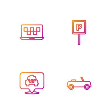 Set line Car, Location with taxi, Laptop call service and Parking. Gradient color icons. Vector.