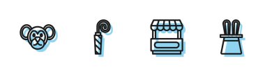 Set line Fast street food cart, Monkey, Birthday party horn and Magician hat and rabbit ears icon. Vector.