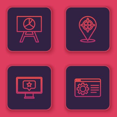 Set line Board with graph chart, Monitor star, Target and Browser setting. Blue square button. Vector.